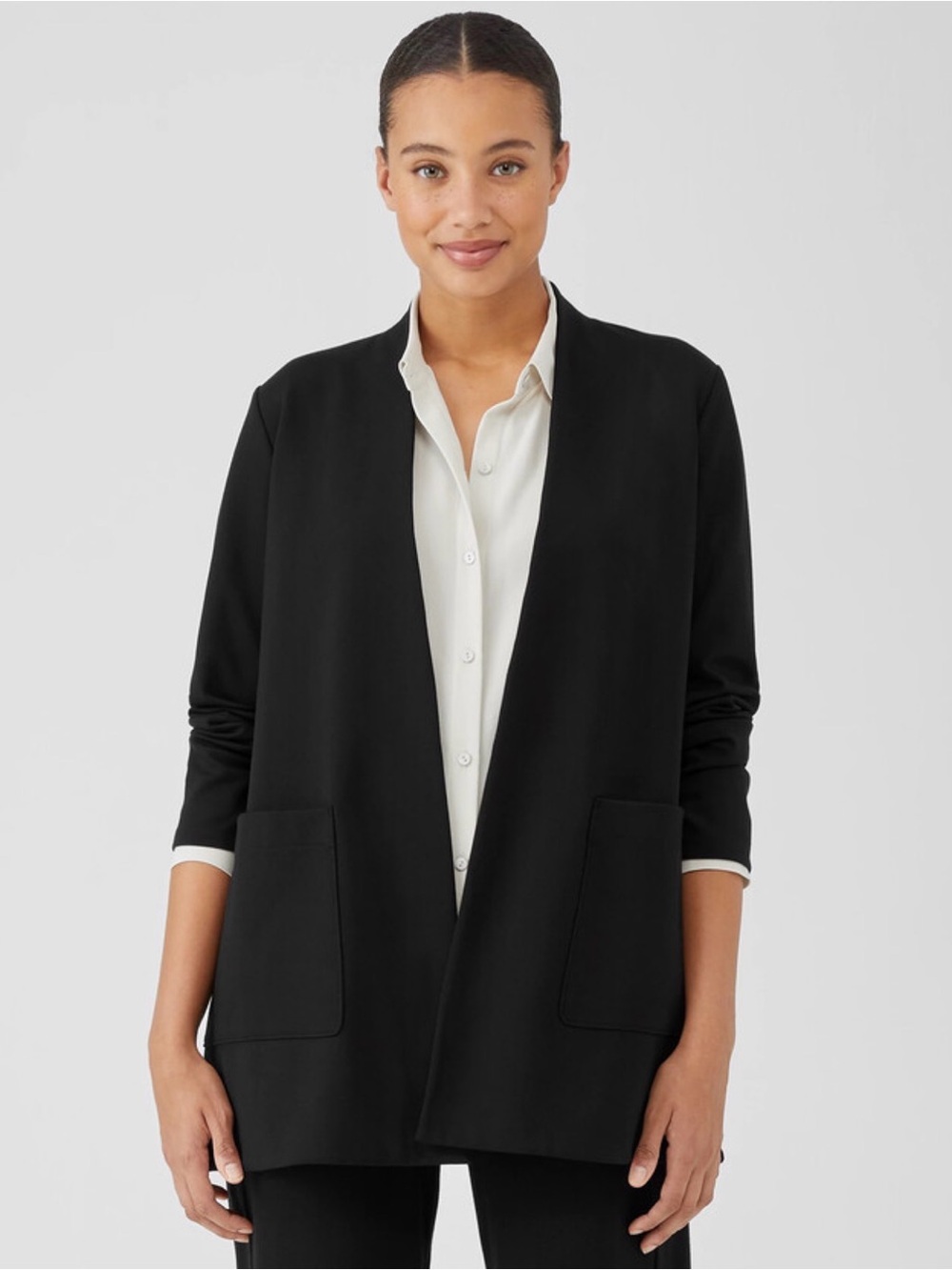 Eileen Fisher Black Open-Front Longline Cardigan Blazer